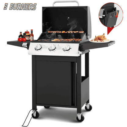 30000 BTU Gas Grill with 4 Universal Wheels, 3 Burners Outdoor BBQ Grill with Steel Brush & Thermometer for Outdoor Camping - Home OXO