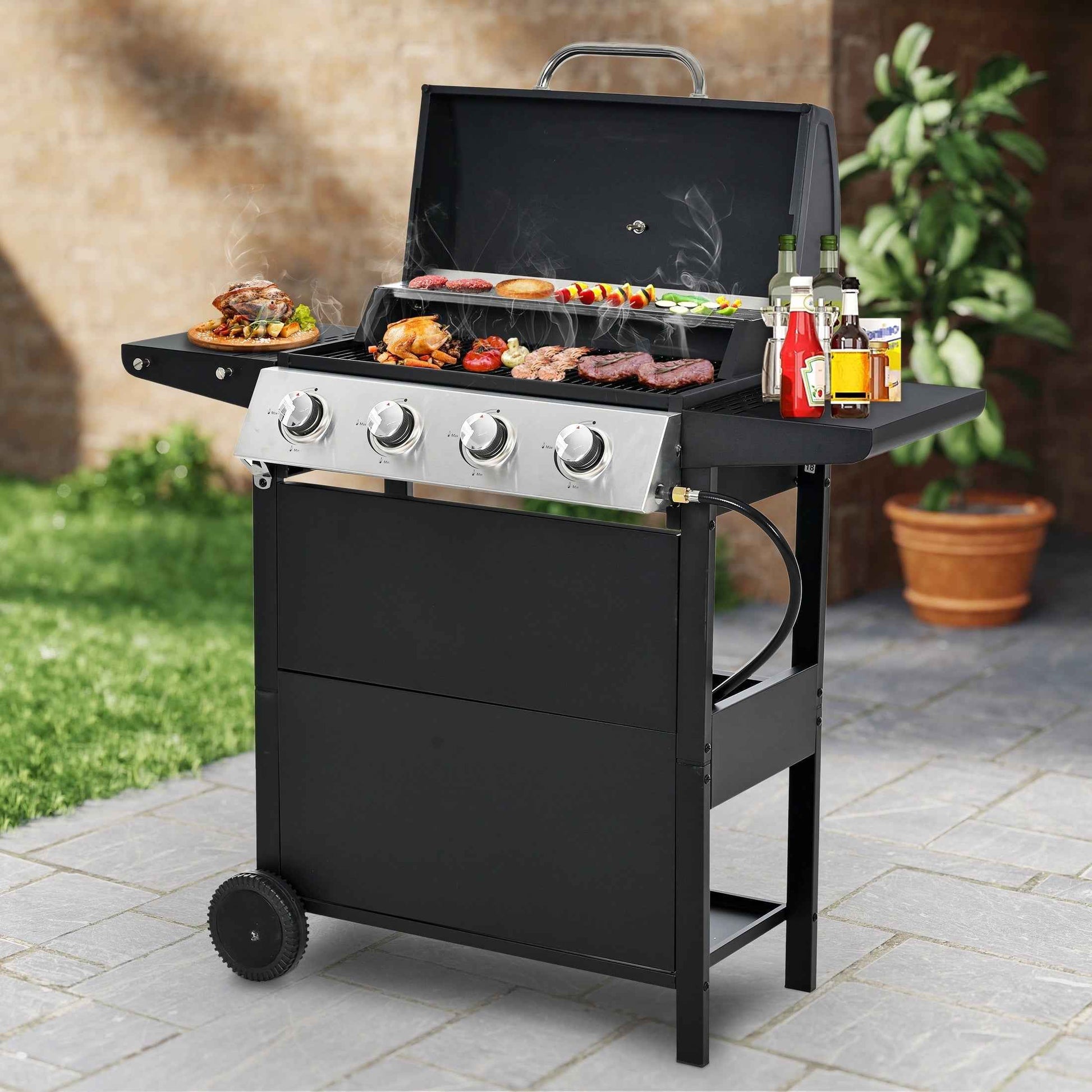 4-Burner Propane Gas Grill, 34,000 BTU Propane BBQ Grill with Thermometer, Bottle Opener, and Tool Hooks, Ideal for Patio Camping Outdoor Cooking