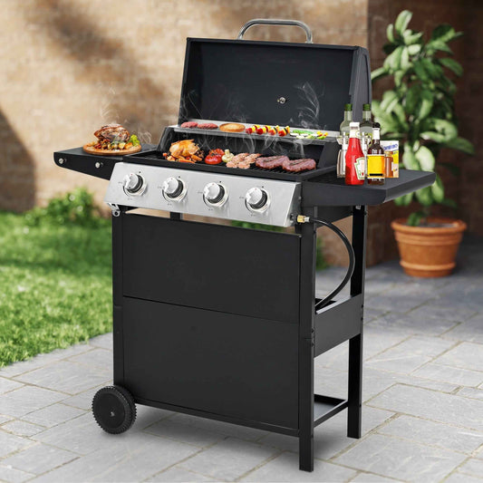 4-Burner Propane Gas Grill, 34,000 BTU Propane BBQ Grill with Thermometer, Bottle Opener, and Tool Hooks, Ideal for Patio Camping Outdoor Cooking