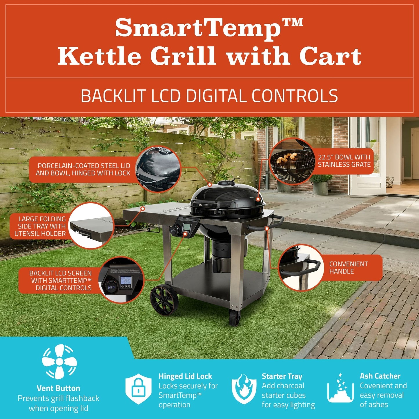 Loco Cookers 22.5 Inch SmartTemp Kettle Grill with Cart and Backlit LCD, Black - Home OXO