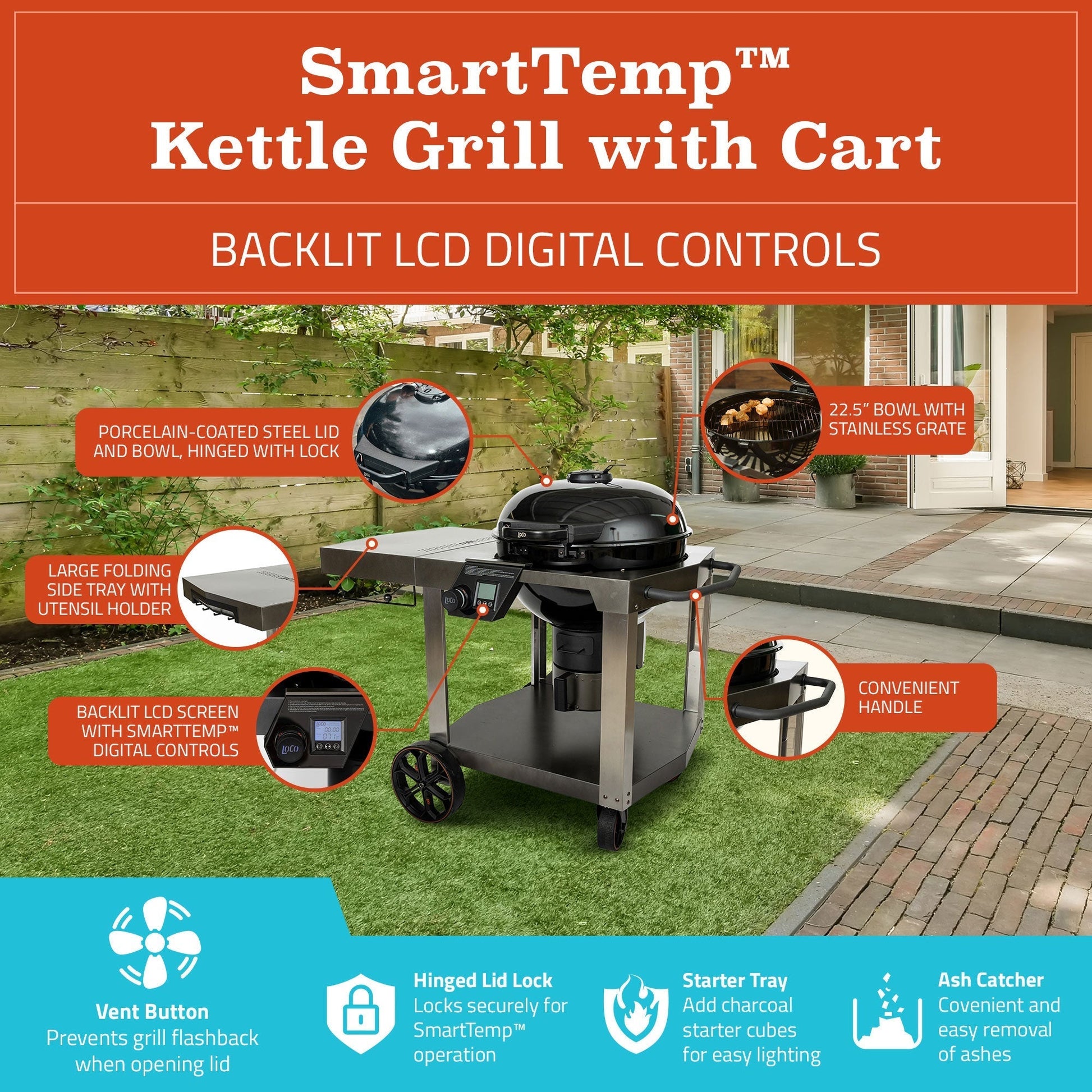 Loco Cookers 22.5 Inch SmartTemp Kettle Grill with Cart and Backlit LCD, Black - Home OXO