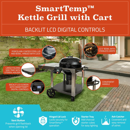 Loco Cookers 22.5 Inch SmartTemp Kettle Grill with Cart and Backlit LCD, Black - Home OXO