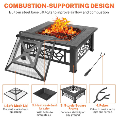 32" Fire Pits for Outside, SYNGAR Wood Burning Bonfire Fire Pit Table with Mesh Lid, Grate, BBQ Grill and Poker, Outdoor Metal Square Fire Pit for BBQ, Camping, Picnics, Backyard - Home OXO