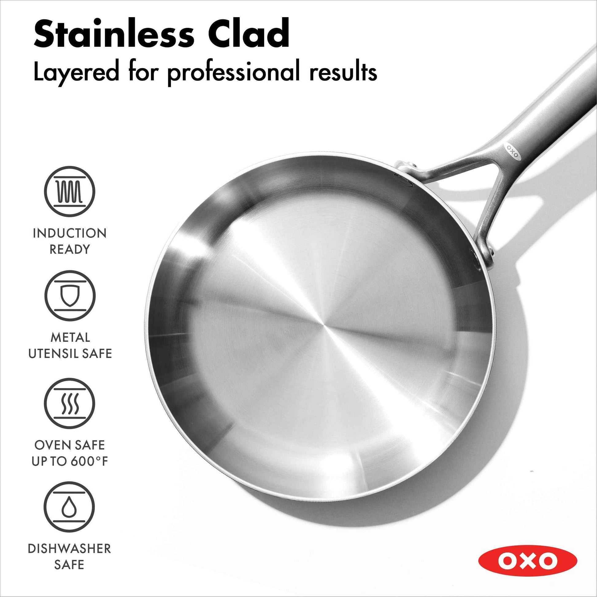 OXO Mira Tri-Ply Stainless Steel Oven Safe Induction Safe Frying Pan Aluminum Silver, 8 inch