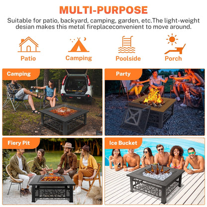 32" Fire Pits for Outside, SYNGAR Wood Burning Bonfire Fire Pit Table with Mesh Lid, Grate, BBQ Grill and Poker, Outdoor Metal Square Fire Pit for BBQ, Camping, Picnics, Backyard - Home OXO