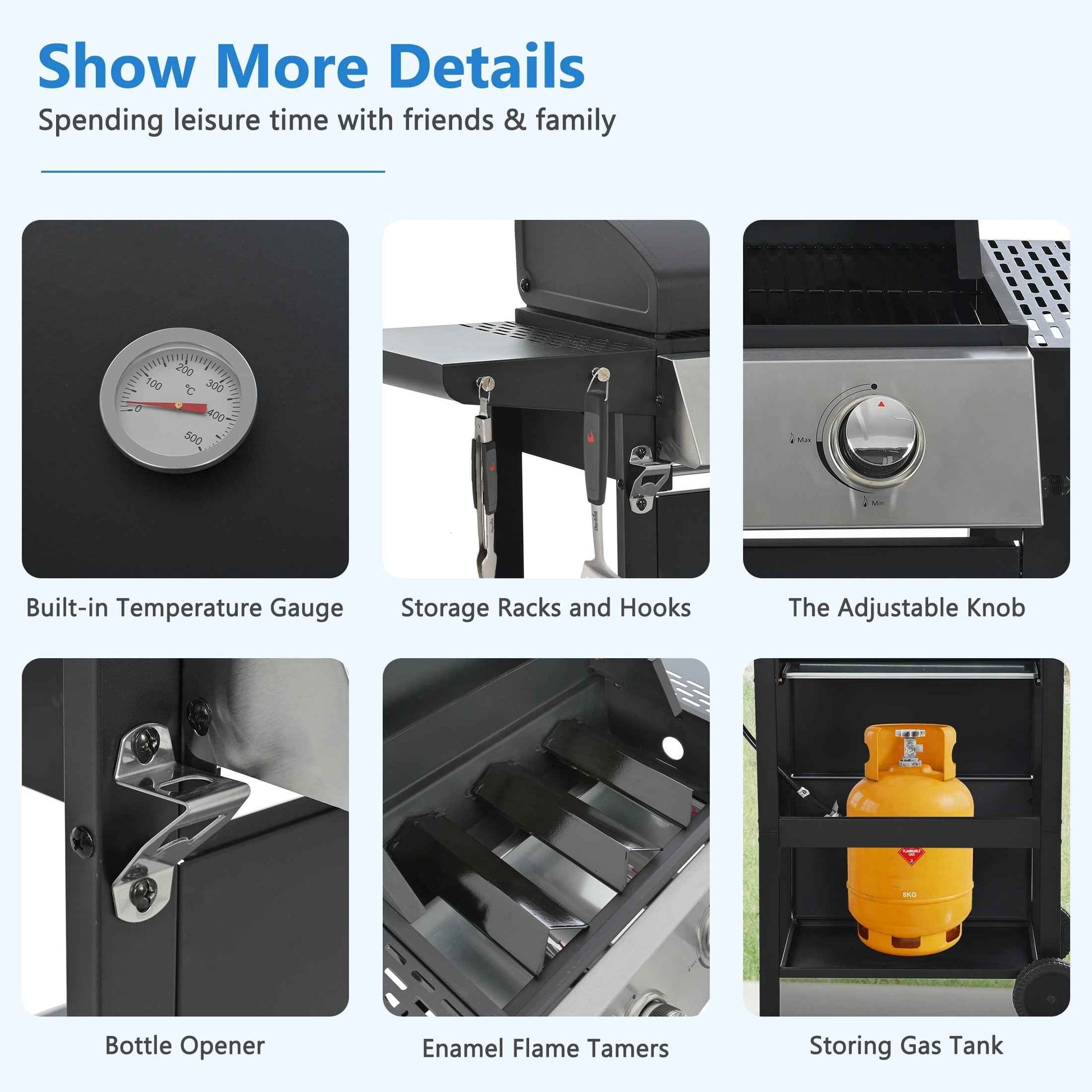 Segmart 3 Burner BBQ Propane Gas Grill, Stainless Steel 25,650 BTU Patio Garden Barbecue Grill with Side Tables, Bottle Opener & Thermometer, Perfect for Camping, Outdoor Cooking