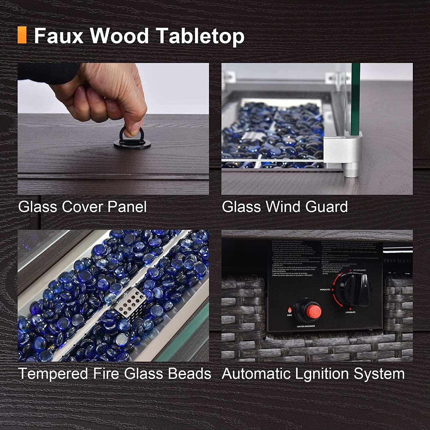 Phonjoroo Fire Pit Table 42 in Outdoor Propane Gas Fire Pit for Outside 50,000 BTU Auto-Ignition Gas Firepit Outdoor Rattan Table with Glass Wind Guard and Cover - Home OXO