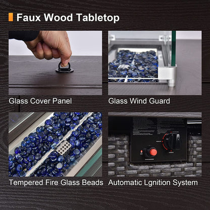 Phonjoroo Fire Pit Table 42 in Outdoor Propane Gas Fire Pit for Outside 50,000 BTU Auto-Ignition Gas Firepit Outdoor Rattan Table with Glass Wind Guard and Cover - Home OXO