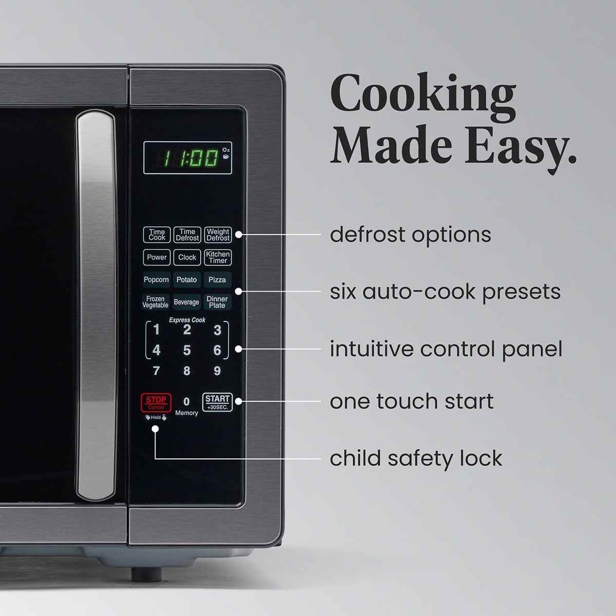 Farberware Stainless Steel Countertop Microwave Oven with Child Lock, 1.1 Cu Ft Black Stainless