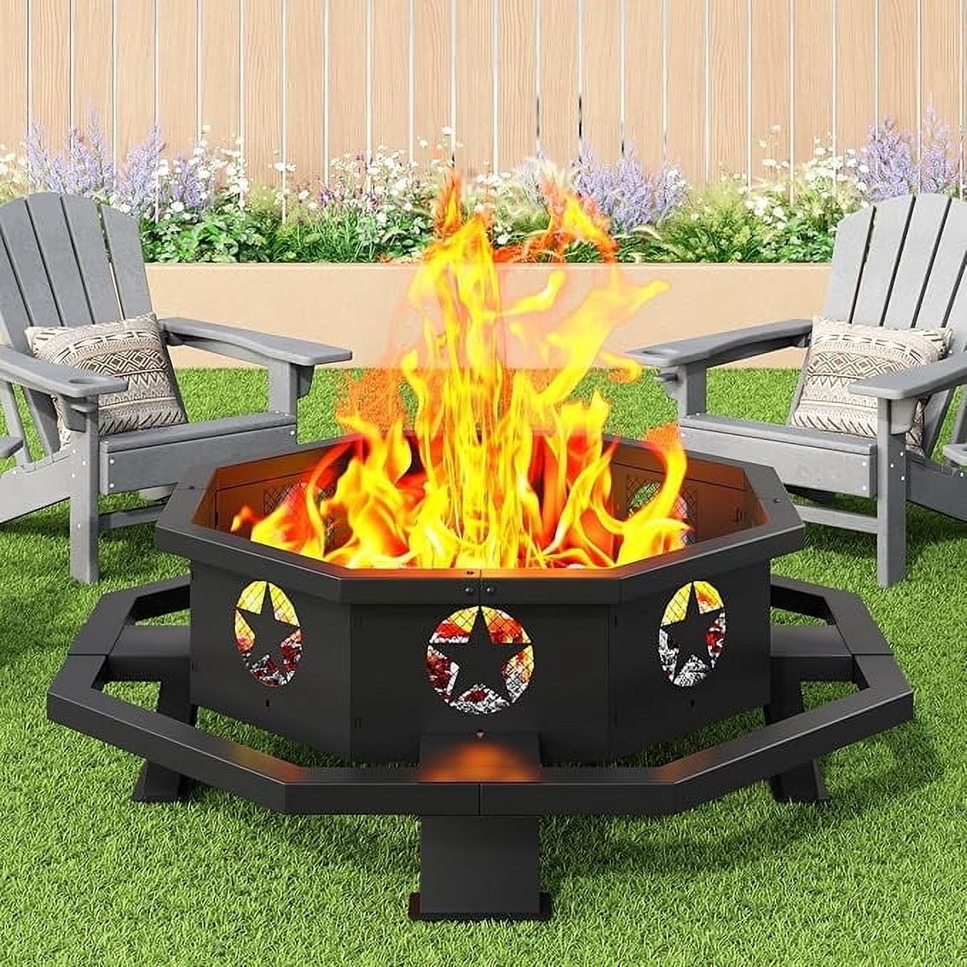 43 inch Fire Pit, Outdoor Wood Burning Fire Pit Octagonal Heavy Duty Firepit for Camping, Backyard, Patio, Black - Home OXO