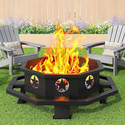 43 inch Fire Pit, Outdoor Wood Burning Fire Pit Octagonal Heavy Duty Firepit for Camping, Backyard, Patio, Black - Home OXO