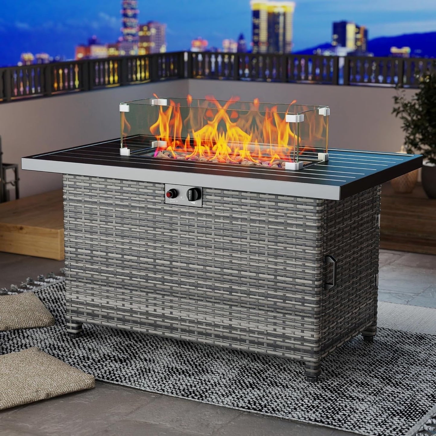 44 Inch Outdoor Wicker Fire Pit Table, 50000 BTU Propane Fire Pits with Glass Wind Guard and Lid, Patio Gas Fire Pit for Outside Patio and Garden(Grey) - Home OXO