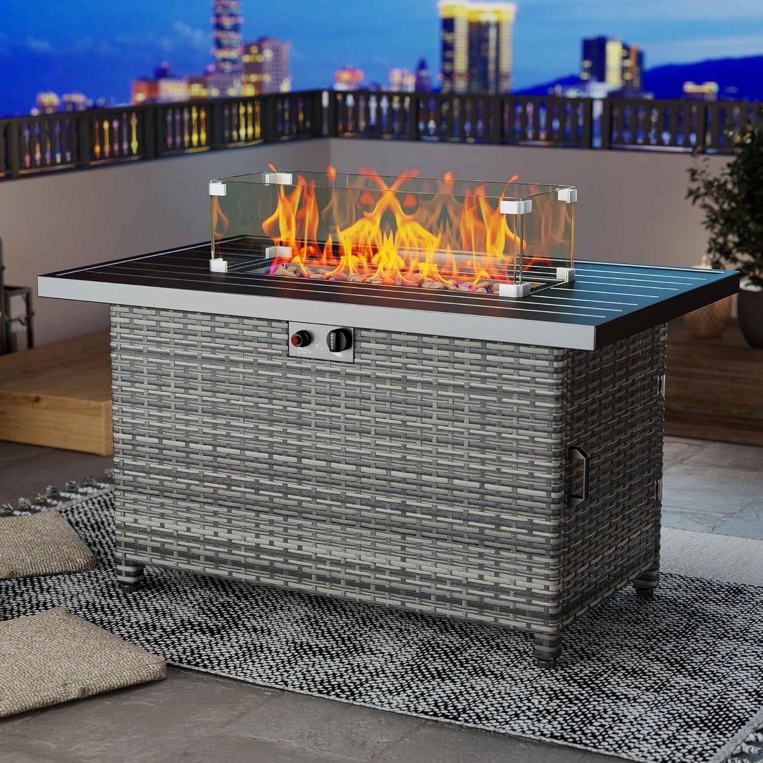 44 Inch Outdoor Wicker Fire Pit Table, 50000 BTU Propane Fire Pits with Glass Wind Guard and Lid, Patio Gas Fire Pit for Outside Patio and Garden(Grey) - Home OXO