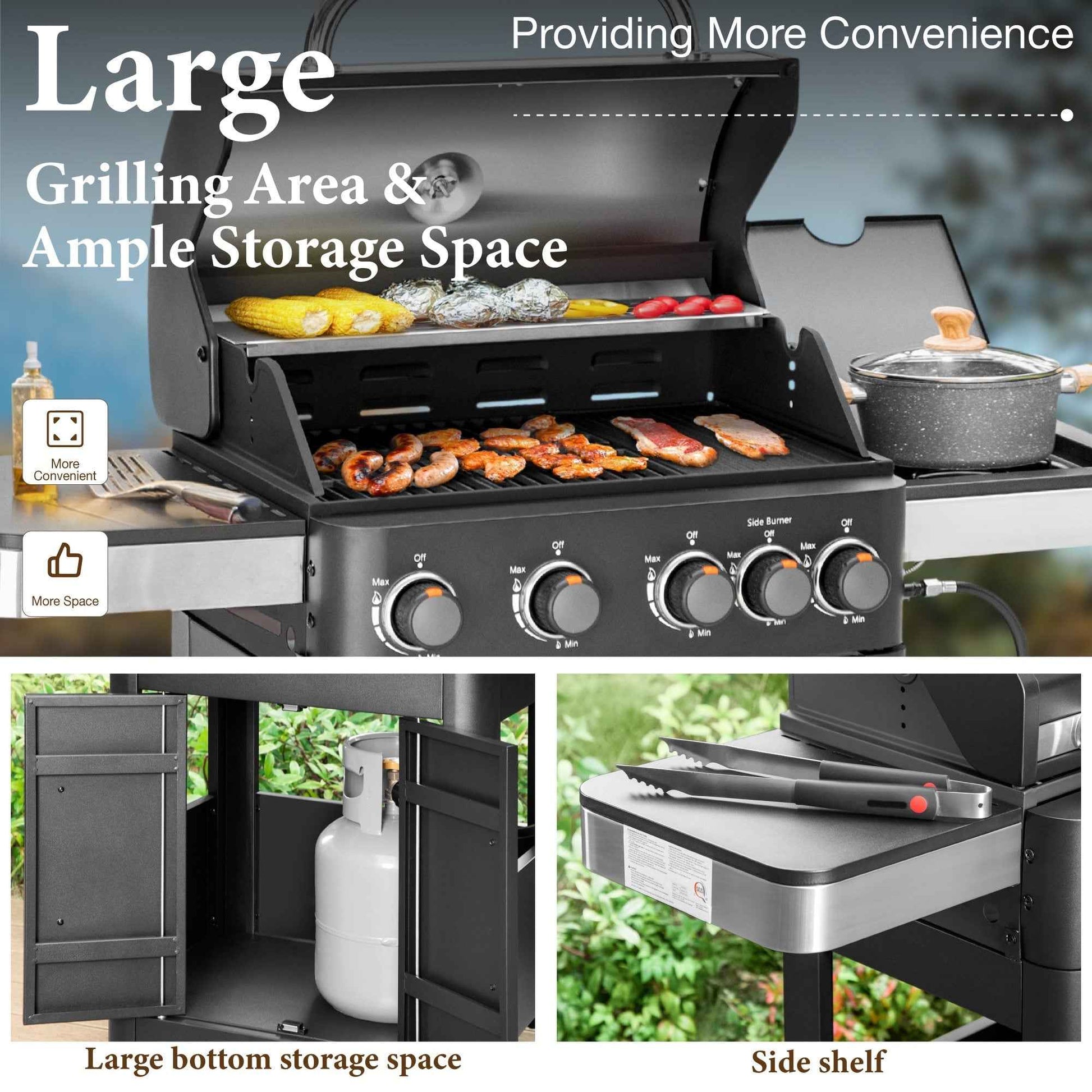 Summit Living 4 Burner Propane Gas Grill and Griddle Combo with Side Burner BBQ Grill - Black