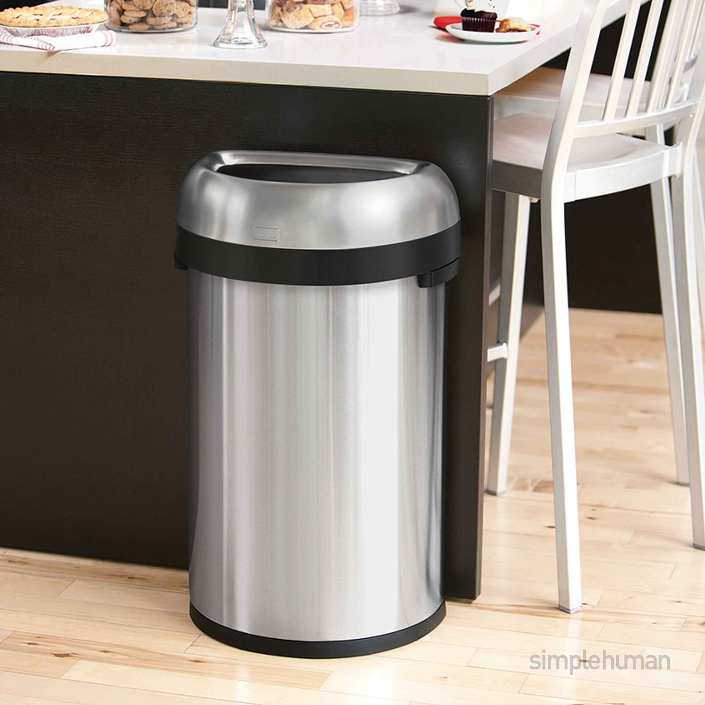 simplehuman 60 Liter / 15.9 Gallon Large Semi-Round Open Top Trash Can, Commercial Grade Heavy Gauge Brushed Stainless Steel