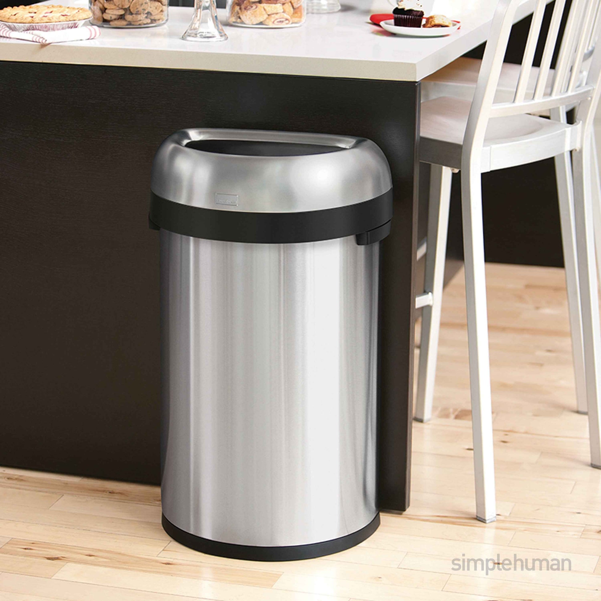 simplehuman 60 Liter / 15.9 Gallon Large Semi-Round Open Top Trash Can, Commercial Grade Heavy Gauge Brushed Stainless Steel