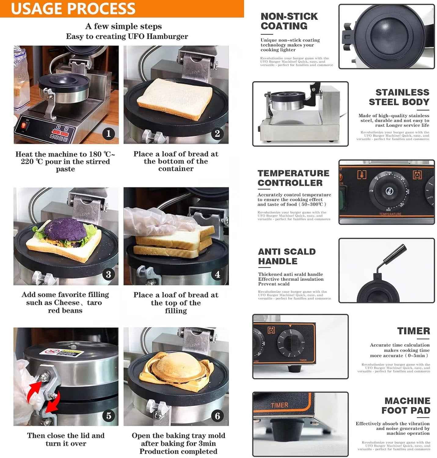 Ice Cream Burger Maker, UFO Burger Maker, Ice Cream Filling Waffle Maker, Hamburger Waffle Maker Sandwich Press, Non-stick Coating, for Household Or Commercial