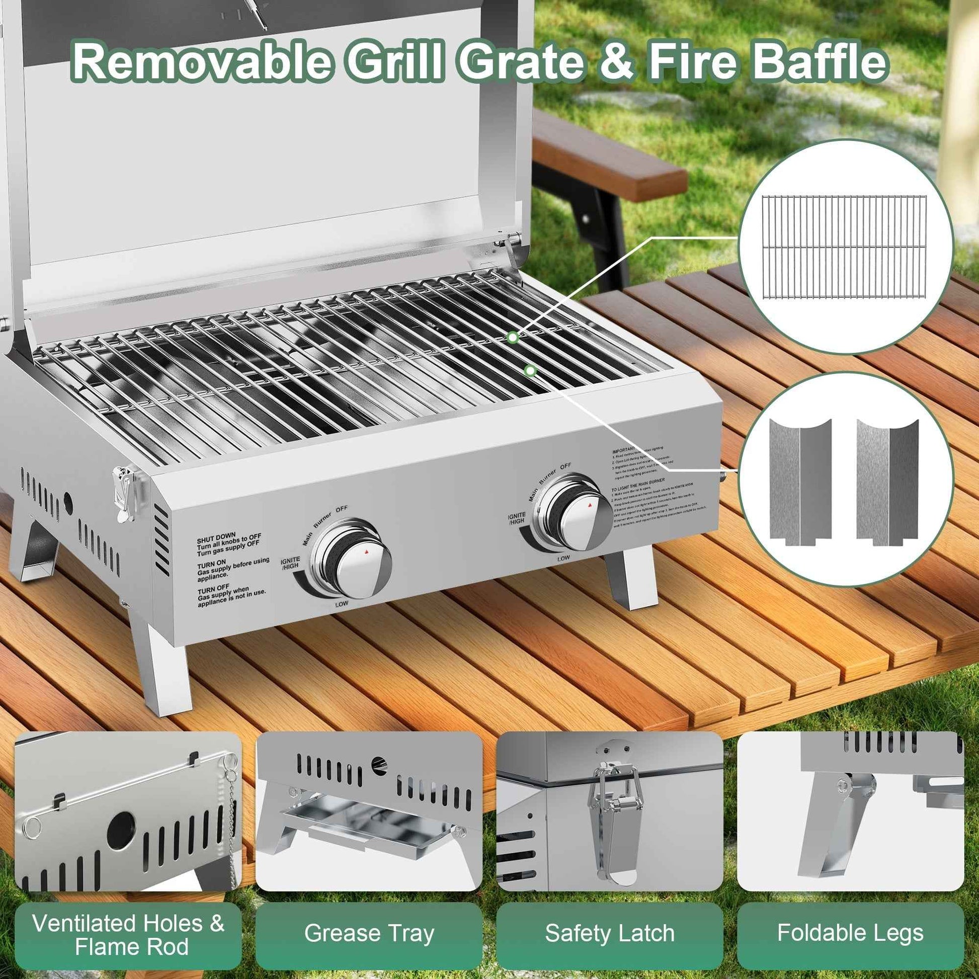 Firstness Propane Gas Grills, 30,000BTU Portable Gas Grill for Outdoor Camping BBQ Picnics Tailgating, 2 Burners, Stainless Steel Sliver