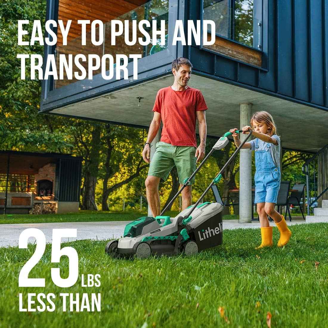 Litheli 20V 13" Cordless Lawn Mower 16.34 in with Brushless Motor + 4.0Ah Battery & Charger 27.3 lb, Manpower driven