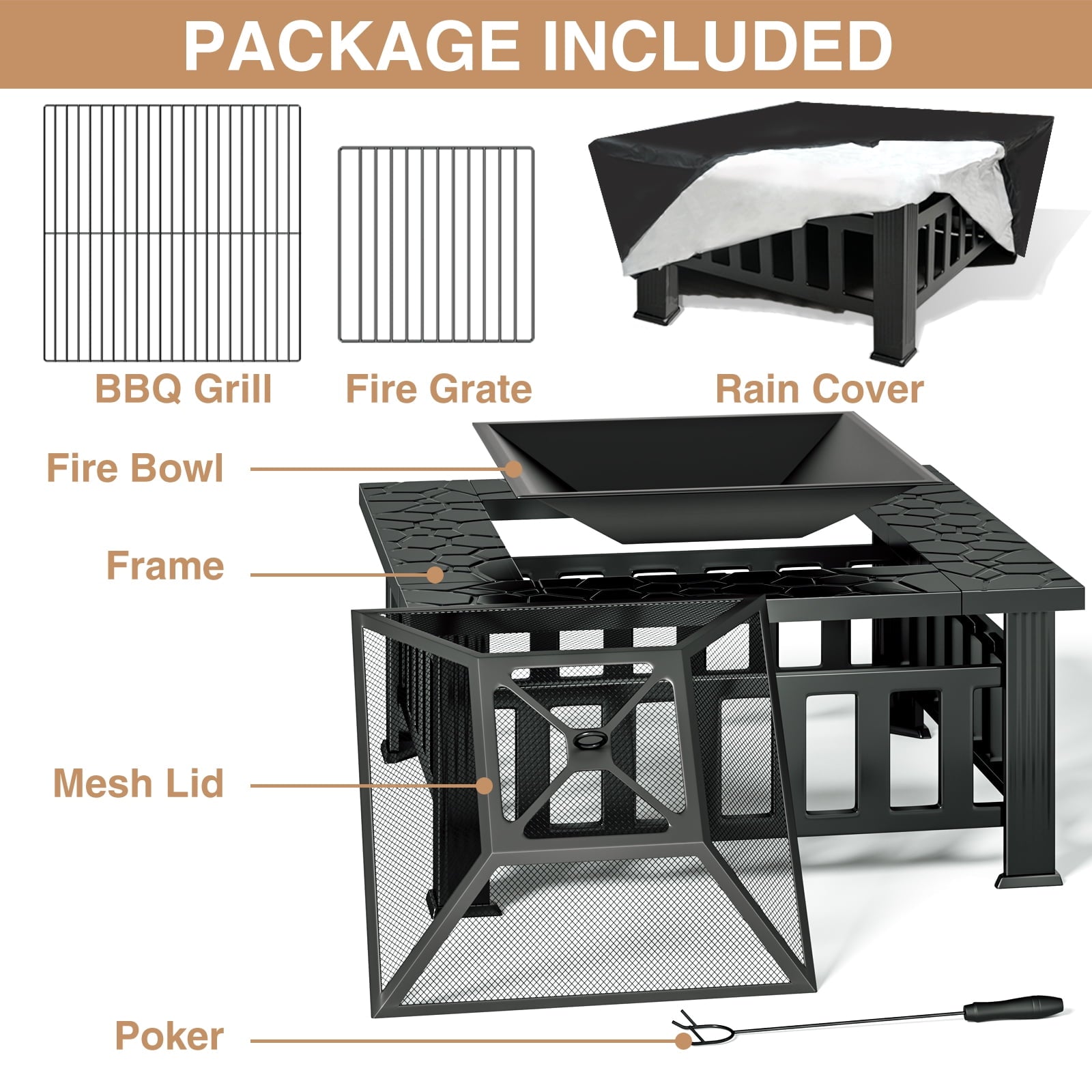 KingChii 32" Fire Pit Table Wood Burning Square Metal Firepit for Outdoor, Patio Backyard BBQ with Mesh Lid, Poker and Cover, Black - Home OXO