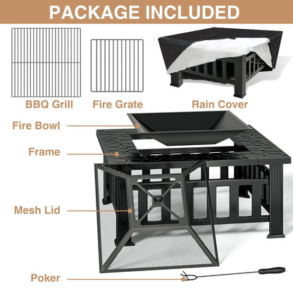 KingChii 32" Fire Pit Table Wood Burning Square Metal Firepit for Outdoor, Patio Backyard BBQ with Mesh Lid, Poker and Cover, Black - Home OXO