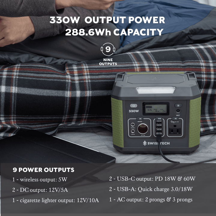 Swiss Tech 330W portable power station 288Wh solar generator for camping & emergency use