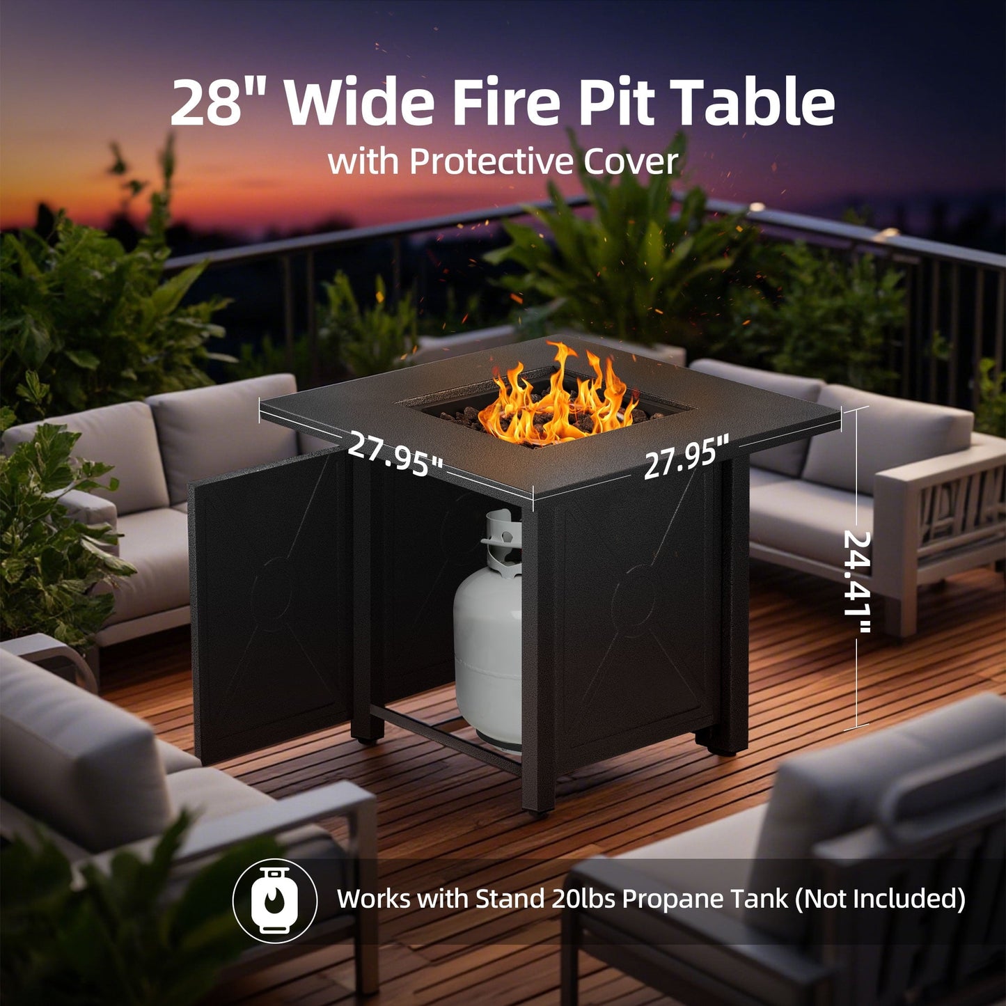 LHRIVER 28" Outdoor Propane Fire Pit Table, 40000 BTU  Steel Gas Fire Pit with Removable Lid, Lava Rocks & Rain Cover - Home OXO