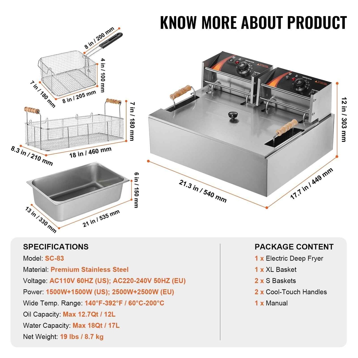 KFFKFF Electric Deep Fryer for Commercial Use, 3000W, with Triple Baskets, 18Qt/17L Capacity, Stainless Steel, Countertop Design, Ideal for Restaurants and Kitchens, Silver