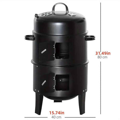 TOPTENG Vertical Charcoal BBQ Smoker, 3-in-1 16" Round Charcoal Barbecue Grill with 2 Cooking Area, and Thermometer for Outdoor Camping Picnic Backyard Cooking, Black