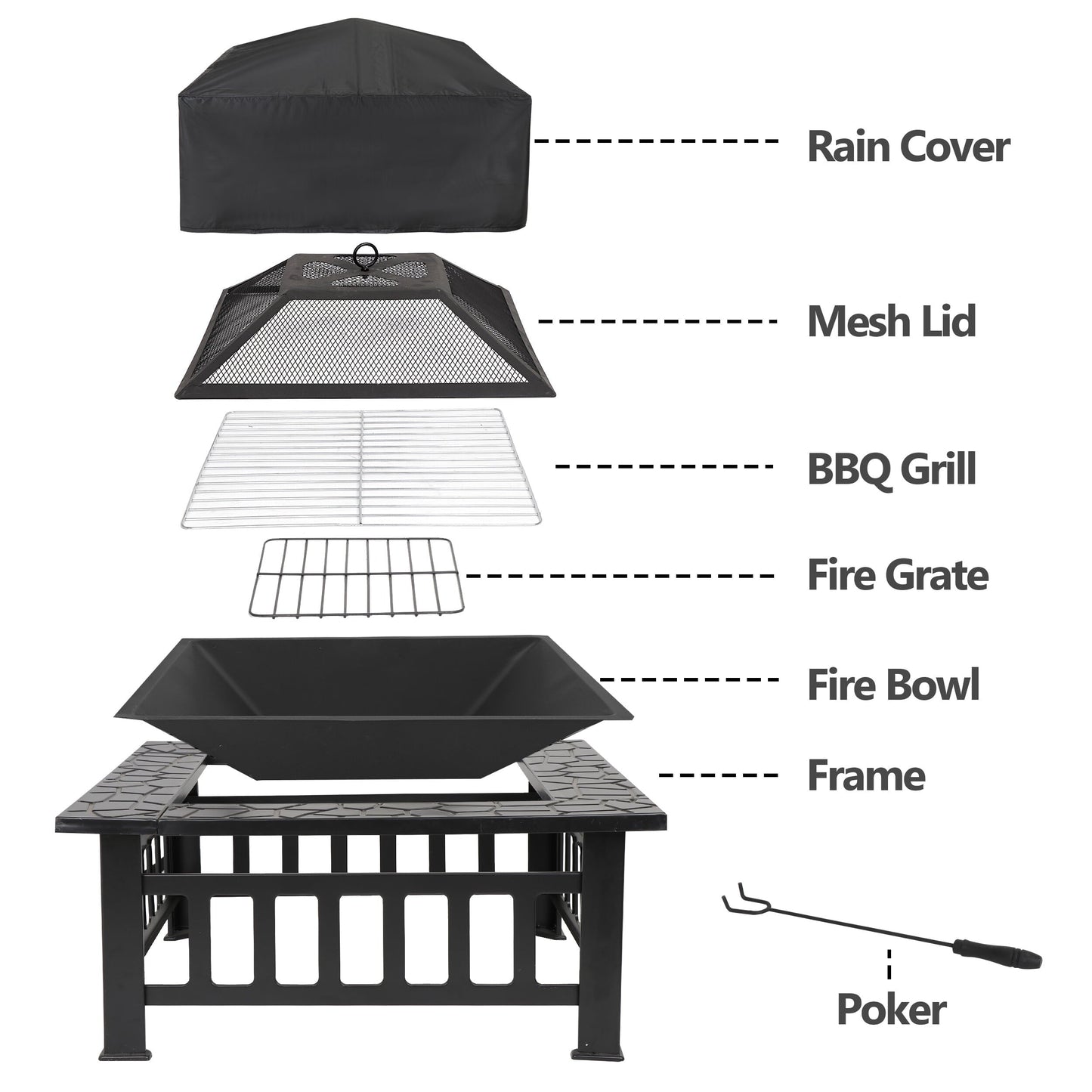 HomGarden 32'' Portable Fire Pit Wood Burning Outdoor Fireplace W/BBQ Grill & Poker & Mesh Lid - Home OXO