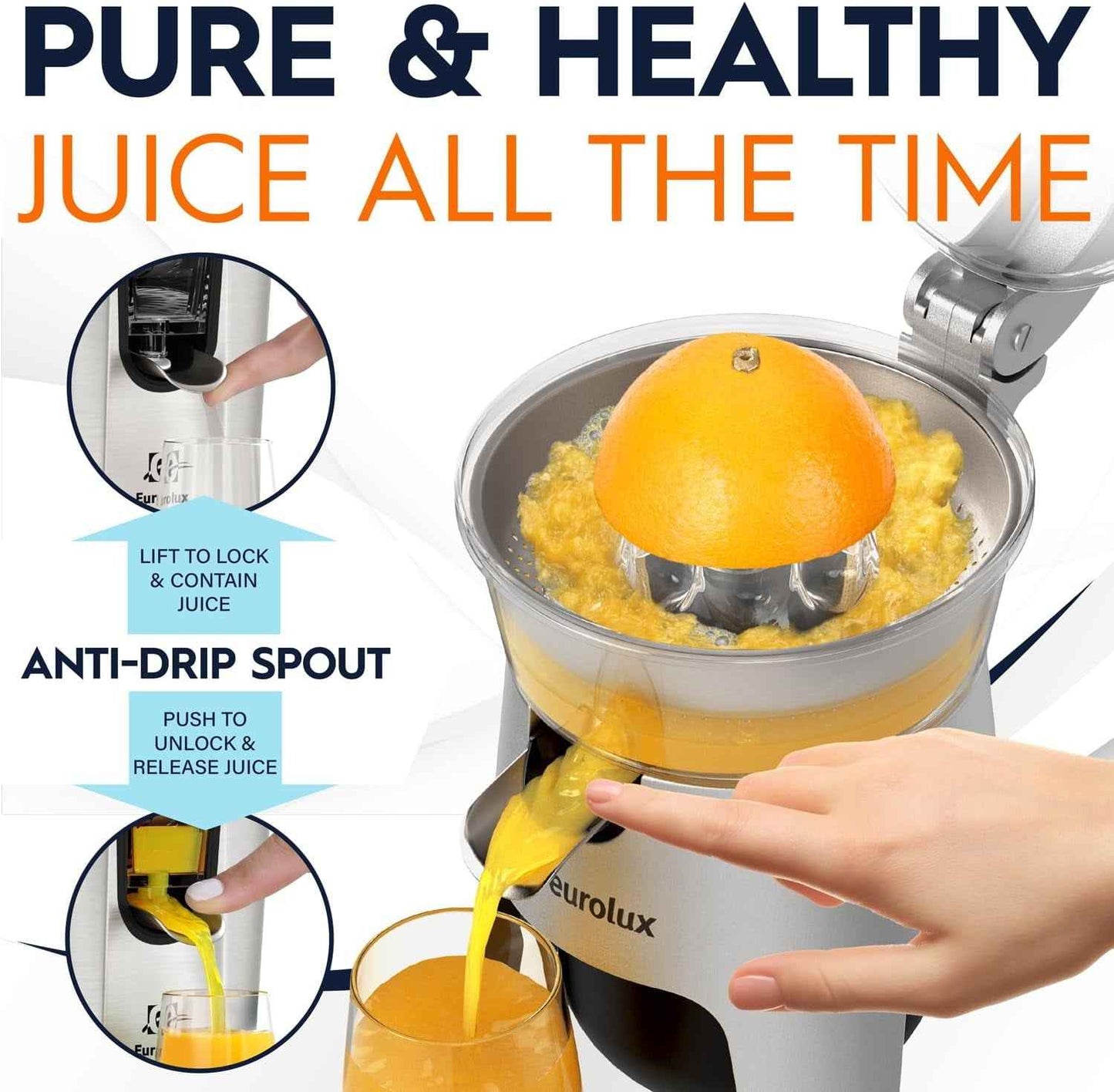 Eurolux Die Cast Stainless Steel Electric Citrus Juicer for Orange, Lemon, Grapefruit, 300 Watt