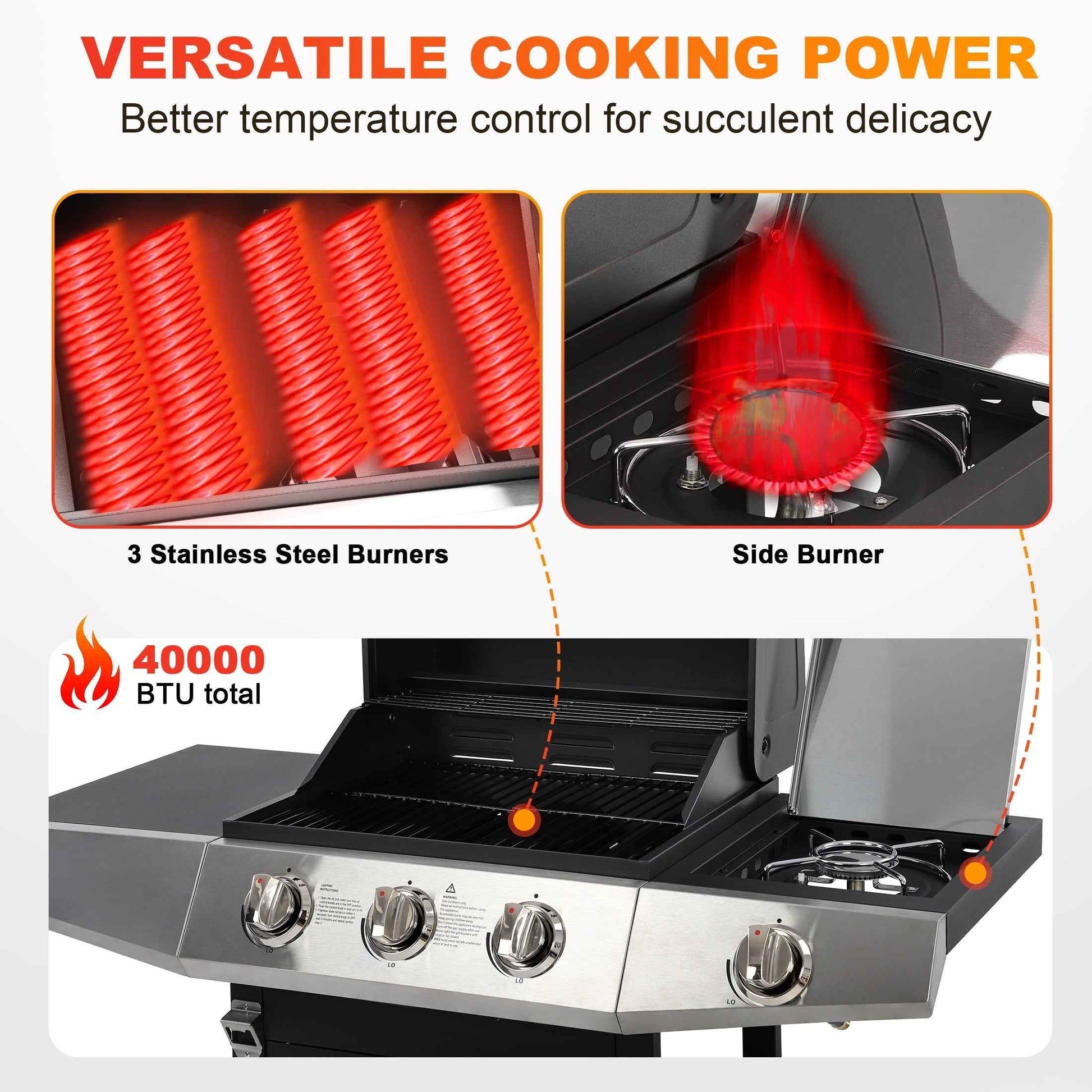 SEGMART 3 Burner Propane Gas Grill with Side Burner, Stainless Steel 40,000 BTU Outdoor Cooking BBQ Grill with Lid, Wheels, Shelves and Bottle Opener for Outdoor Cooking Picnic