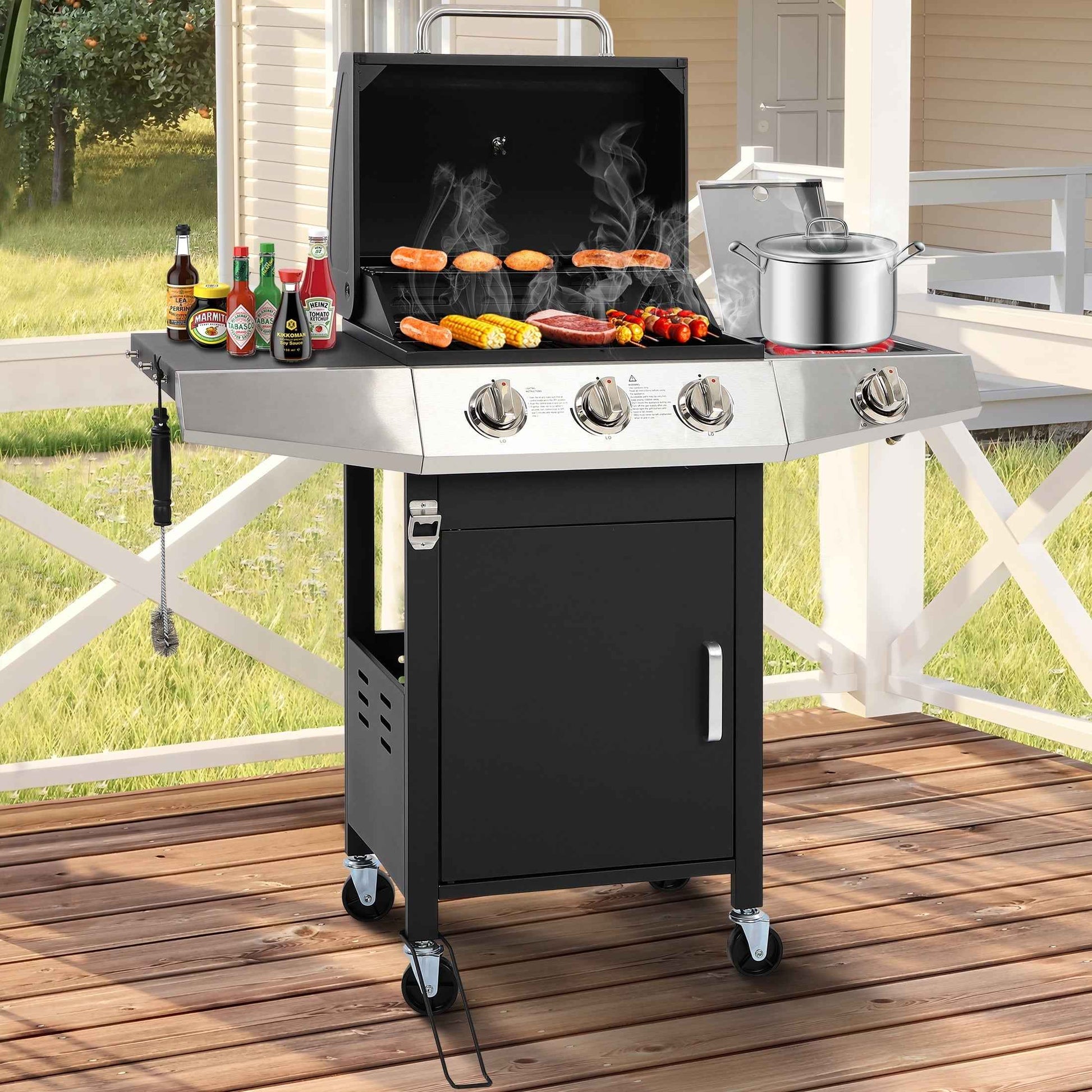 SEGMART 3 Burner Propane Gas Grill with Side Burner, Stainless Steel 40,000 BTU Outdoor Cooking BBQ Grill with Lid, Wheels, Shelves and Bottle Opener for Outdoor Cooking Picnic