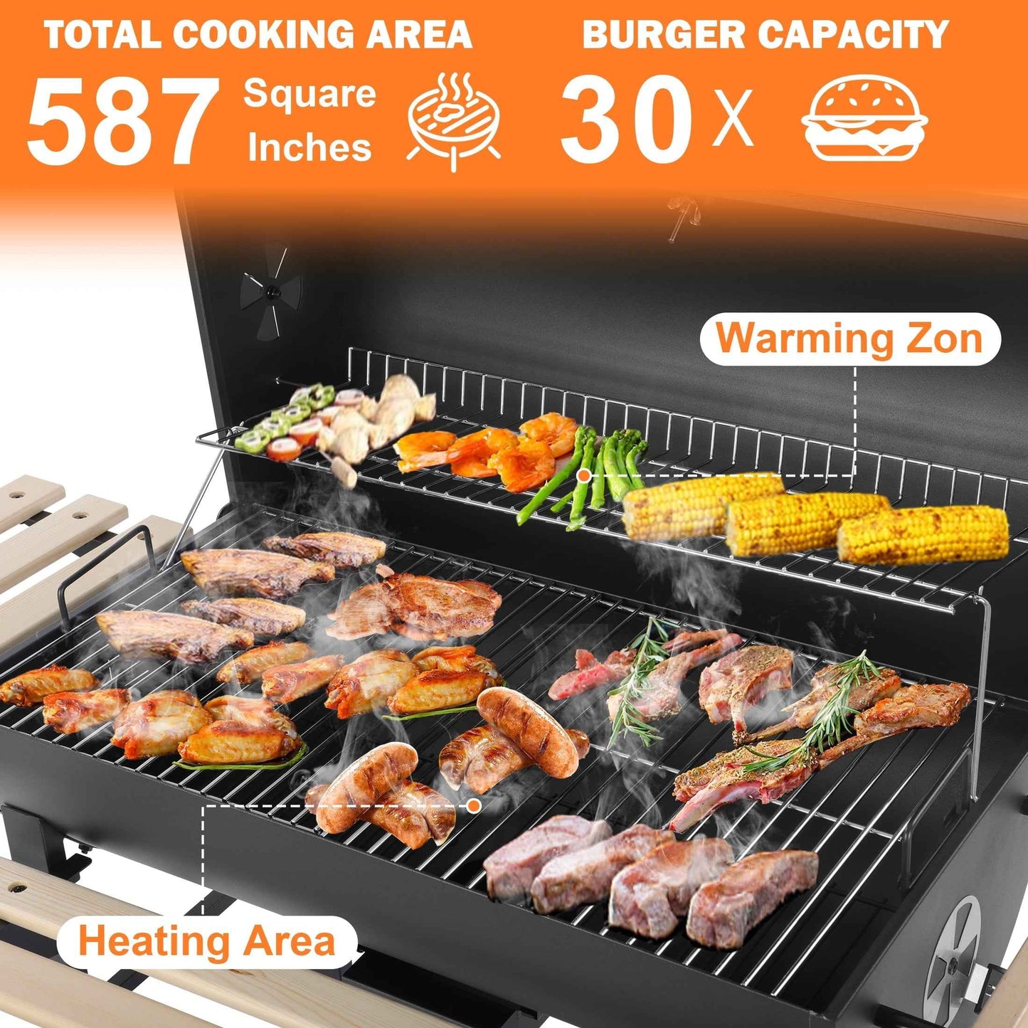 Charcoal Grill Outdoor Barrel Grill, 30 inch BBQ Grill with Warming Rack & Foldable Side Shelf, Offset Smoker Grill with Thermometer for Outdoor Cooking, Black