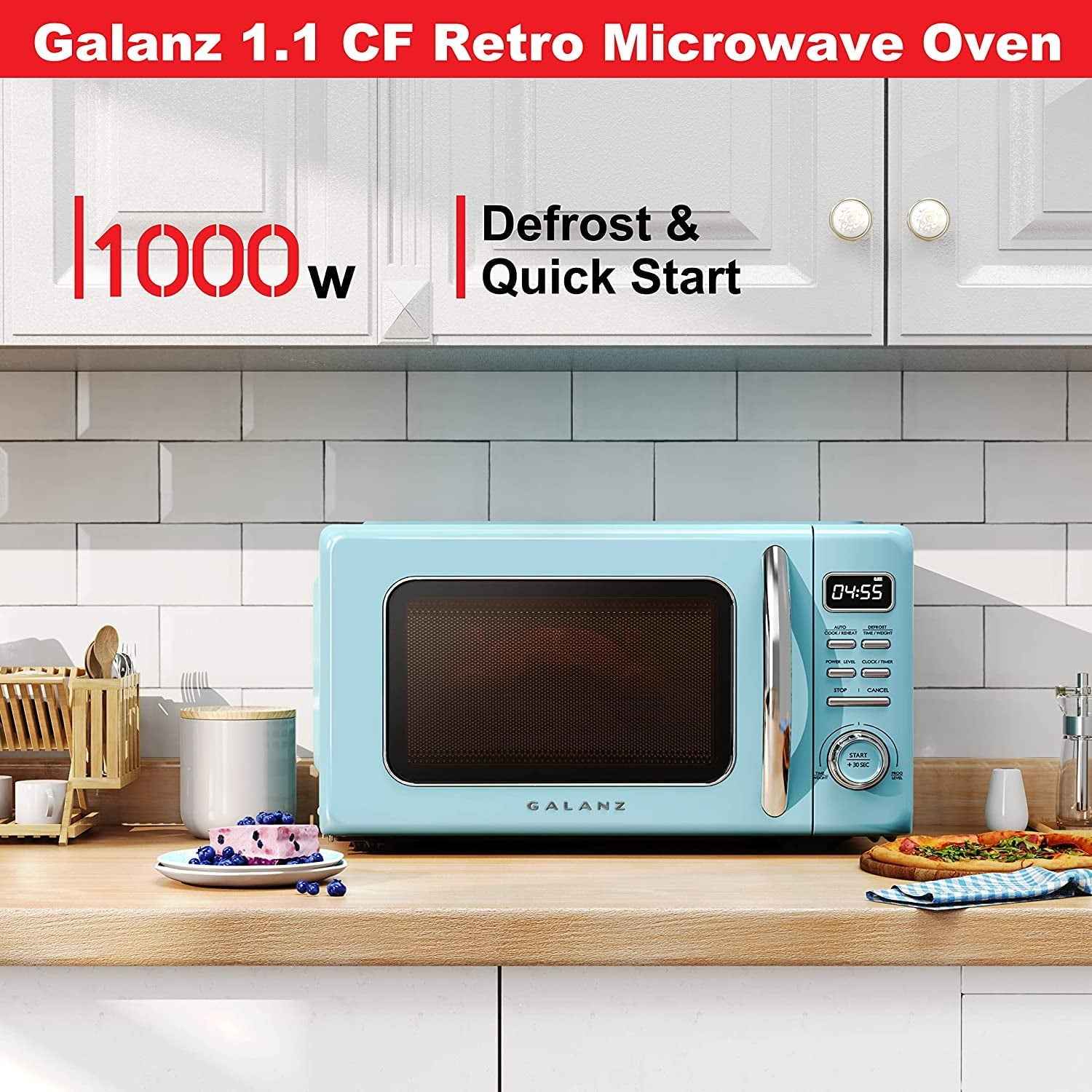 Galanz GLCMKZ11BER10 Retro Countertop Microwave Oven with Auto Cook & Reheat, Defrost, Quick Start Functions, Easy Clean with Glass Turntable, Pull Handle, 1.1 cu ft, Blue