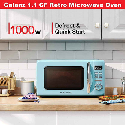 Galanz GLCMKZ11BER10 Retro Countertop Microwave Oven with Auto Cook & Reheat, Defrost, Quick Start Functions, Easy Clean with Glass Turntable, Pull Handle, 1.1 cu ft, Blue
