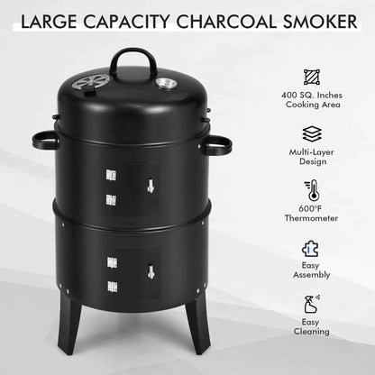 Costway3-in-1 Vertical Charcoal Smoker  Portable BBQ Smoker Grill with Detachable 2 Layer