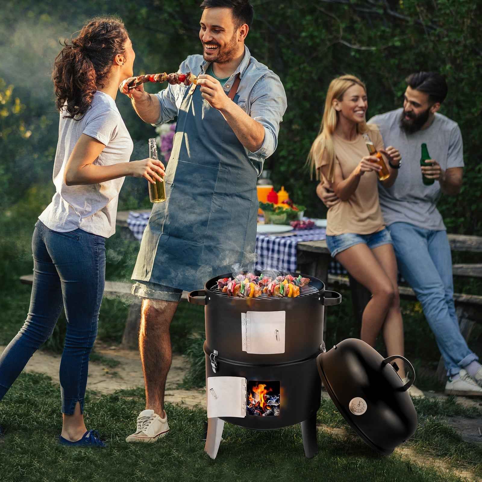 Zintown BBQ Charcoal Grill Outdoor Barbecue Pit Smoker with 3 IN 1 BBQ Grill for Patio Backyard