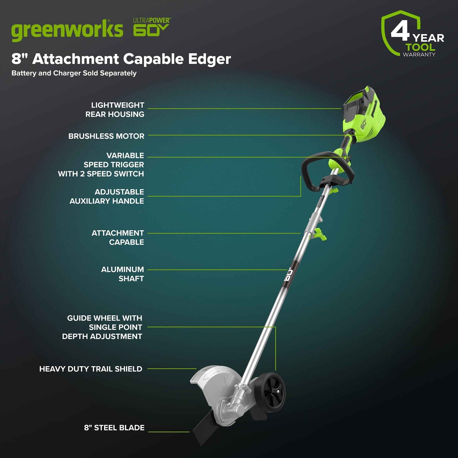Greenworks 60V 8" Attachment Capable Edger, Tool Only, 2704002T