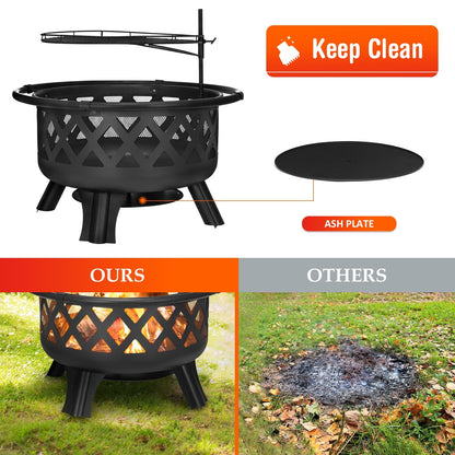 Singlyfire 30 inch Fire Pit for Outside 2 in 1 BBQ Wood Burning Fire Pit for Outdoor Camping Large Fire Pit Wood Bowl Firepit with Grate Spark Screen Log Grate - Home OXO