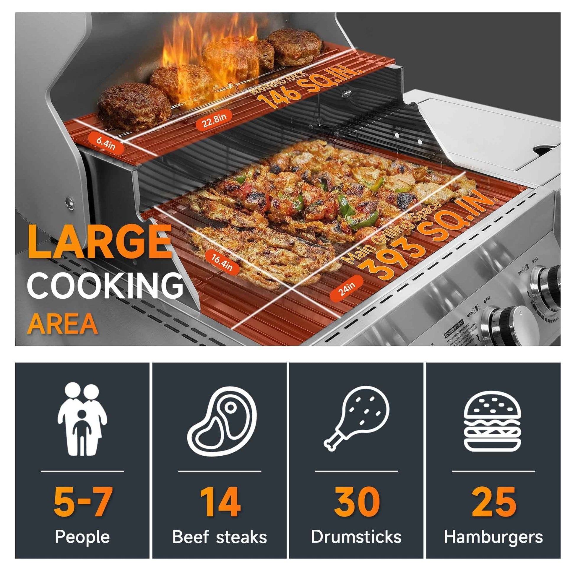 SKOK 4 Burner Propane Gas BBQ Grill with Side Burner, 58000 BTU Output for Outdoor Cooking Kitchen and Patio Backyard Barbecue