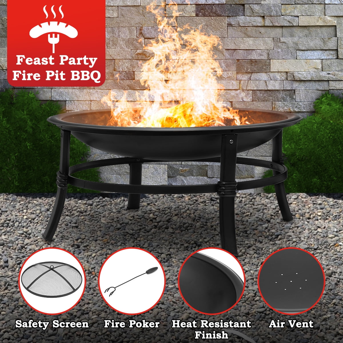 Singlyfire 26 inch Fire Pit for Outside Portable Fire Pit Wood Burning Small Fire Bowl for Camping Picnic Bonfire Patio Outside Backyard Garden Firepit with Log Grate, Poker - Home OXO