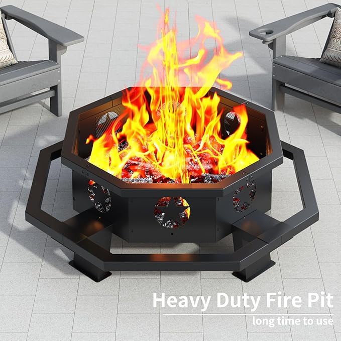 43 inch Fire Pit, Outdoor Wood Burning Fire Pit Octagonal Heavy Duty Firepit for Camping, Backyard, Patio, Black - Home OXO