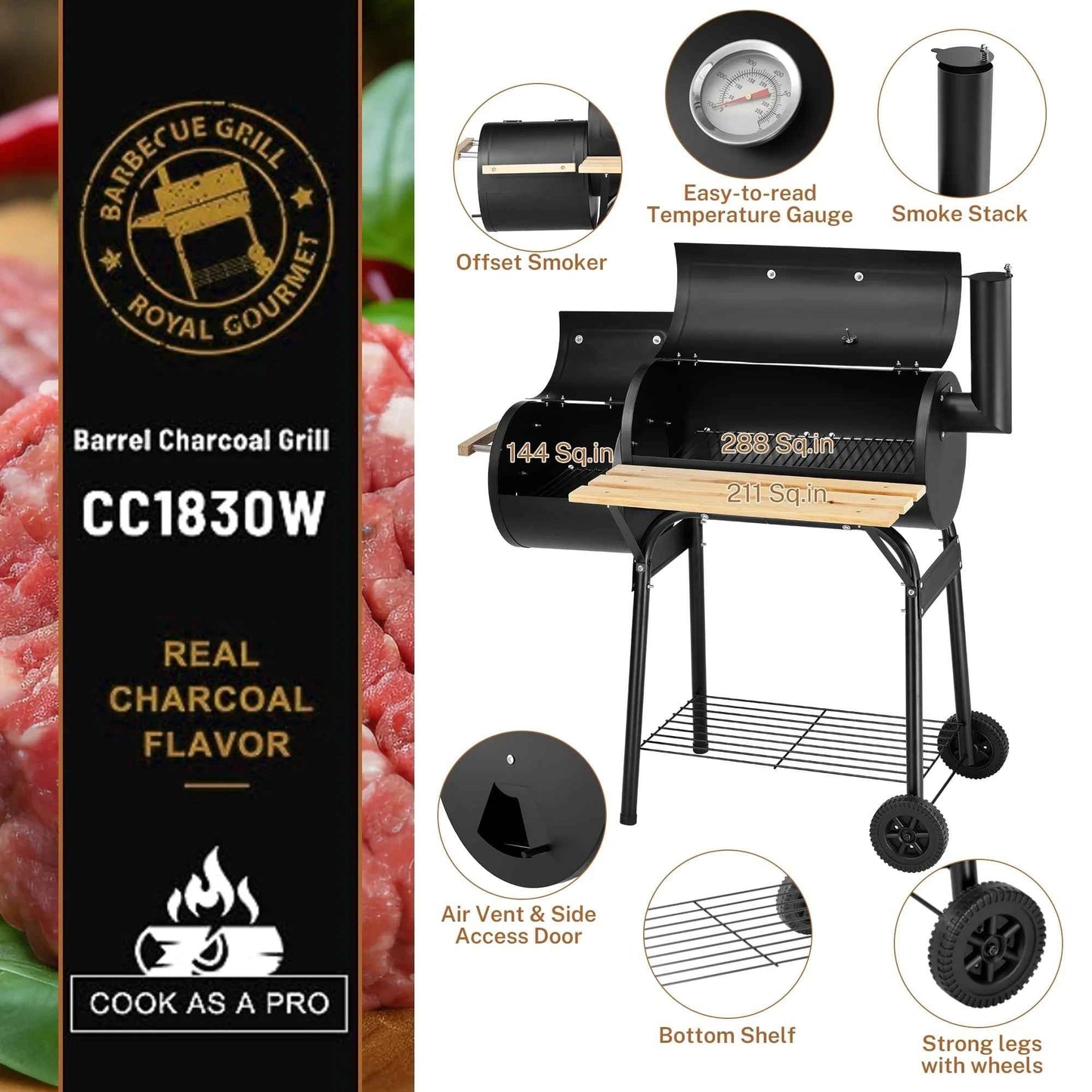 Seizeen Charcoal Grill with Thermometer & Large Cooking Space, Smoker Grill, BBQ Grills for Camping & Picnic, Iron, black