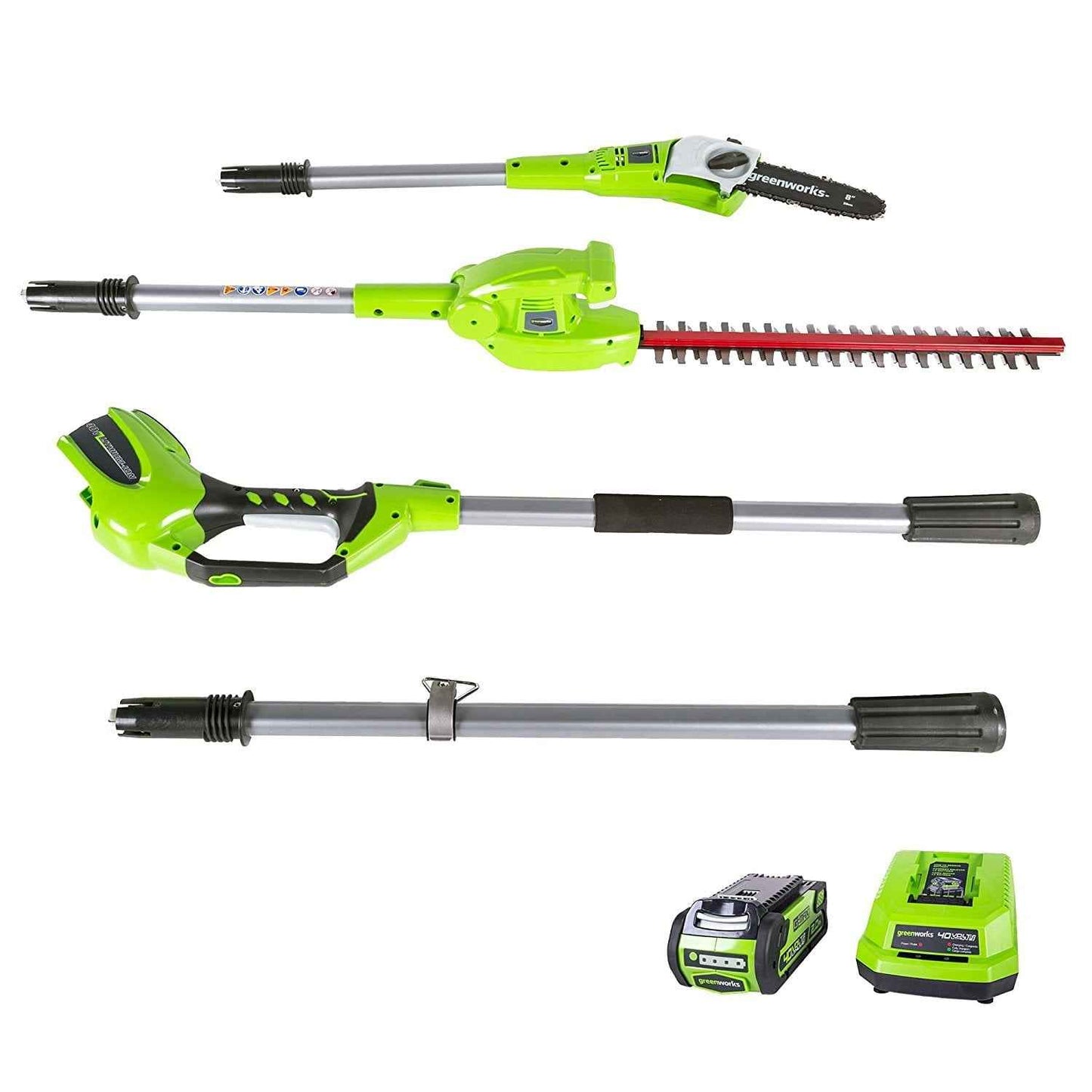 Greenworks 40V 20" Battery Powered Pole Saw with Hedge Trimmer Attachment + 2.0 Ah Battery and Charger
