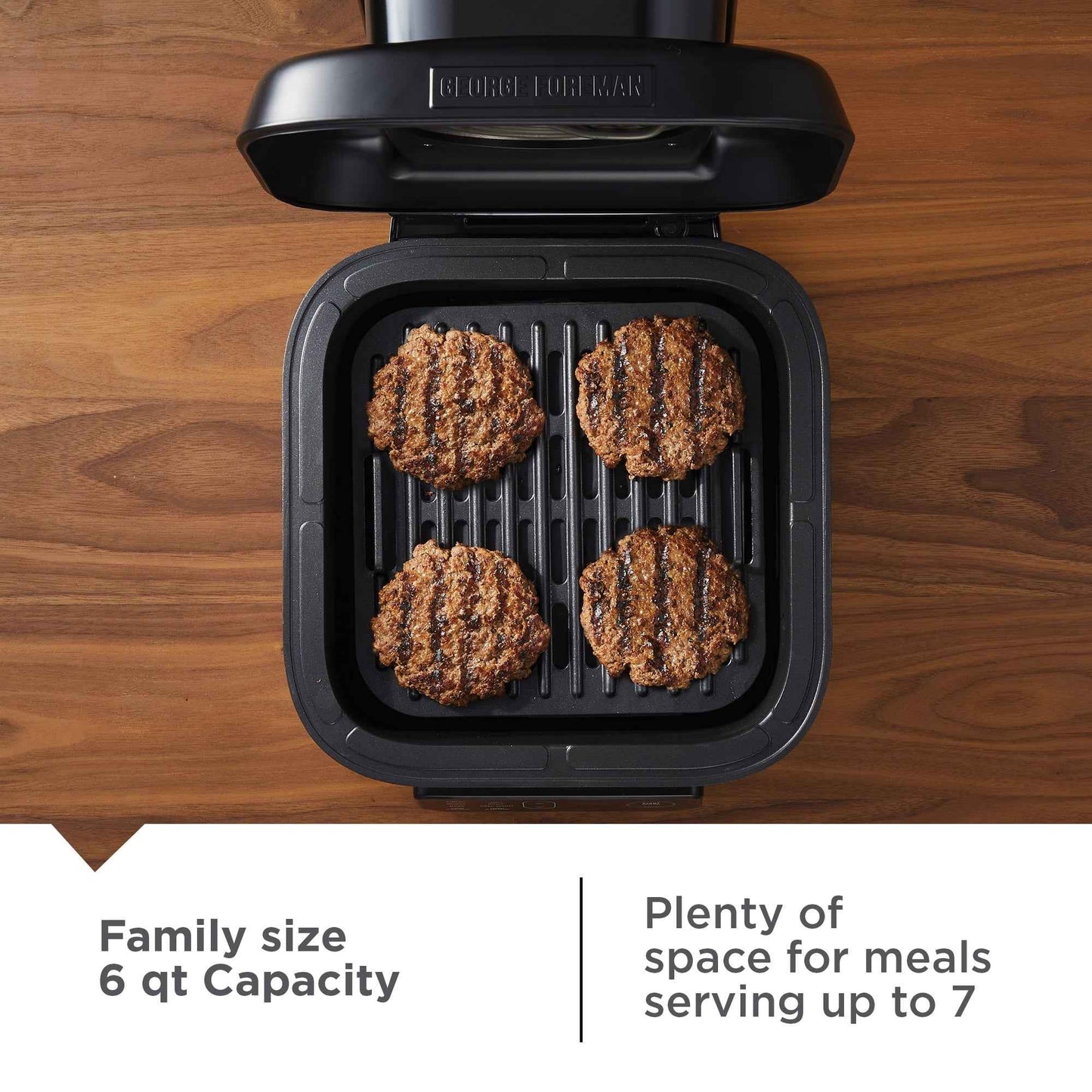 George Foreman 7-Serving 6 Qt Electric Indoor Grill and Air Fryer, 7-in-1 Functionality, Black