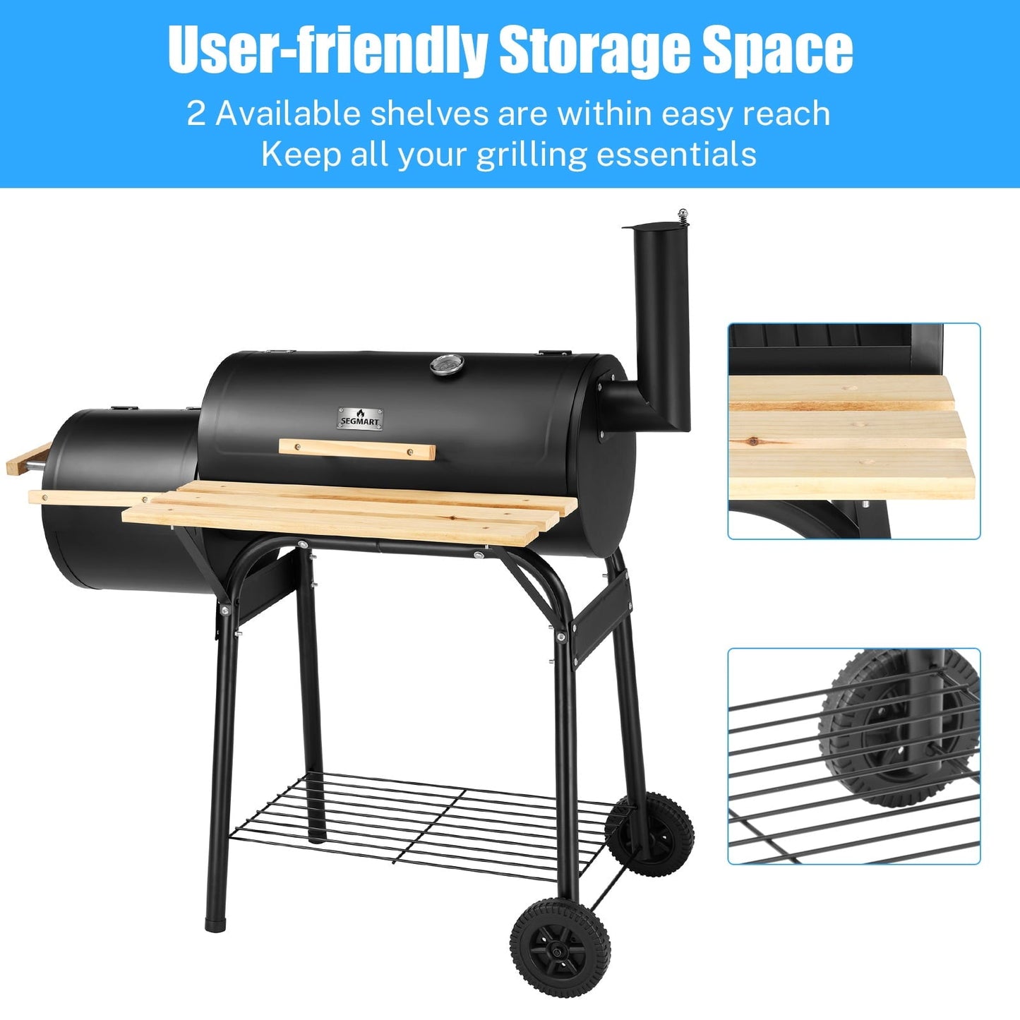 Segmart BBQ Charcoal Grill, 45.28-inch Length Portable Barbecue Grill, Offset Smoker Barbecue Oven with Wheels & Thermometer for Outdoor Picnic Camping Patio Backyard - Home OXO