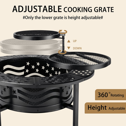 TrumanPick Fire Pit for Outside 42" Wood Burning Fire Pit Tables with 2 Adjustable Swivel BBQ Grills, Lid, Poker for Patio Backyard BBQ Ice Storage - Home OXO