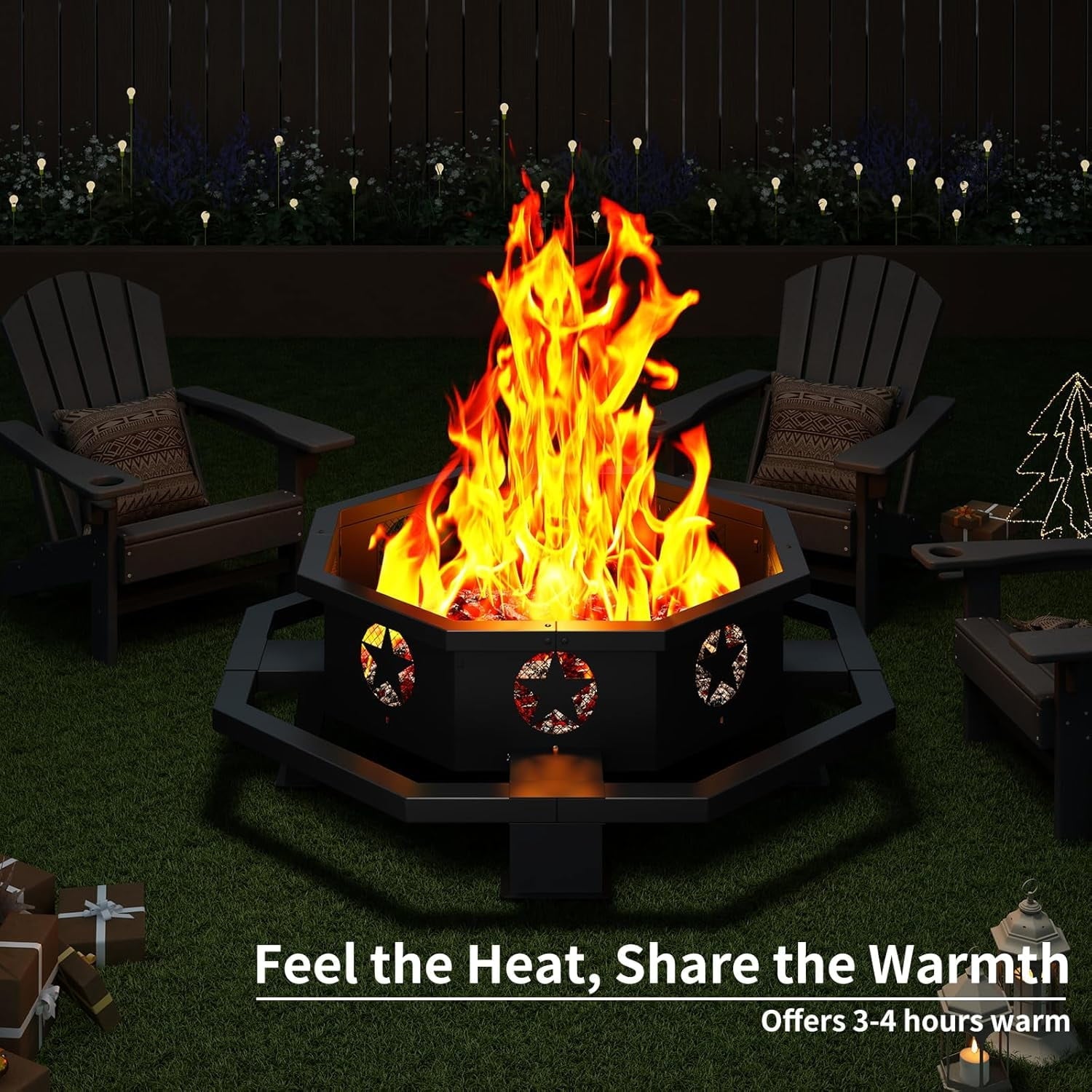 43 inch Fire Pit, Outdoor Wood Burning Fire Pit Octagonal Heavy Duty Firepit for Camping, Backyard, Patio, Black - Home OXO