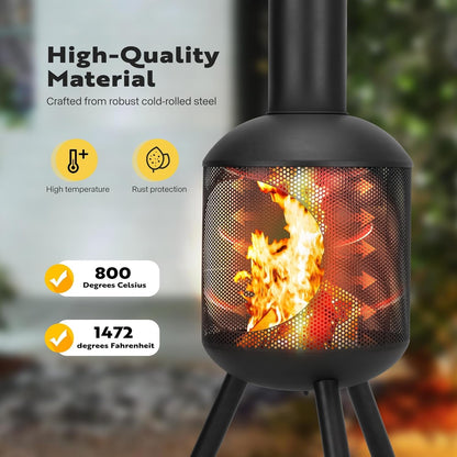 SPECSTAR 46 Inch Chiminea Outdoor Fireplace, Cold-Rolled Steel Wood Burning Fire Pit with Mesh Design, Top Chimney Cover - Home OXO